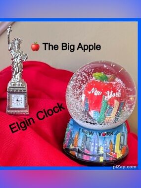 🍎 Miniature Elgin Statue of Liberty Clock & New York Snow Globe